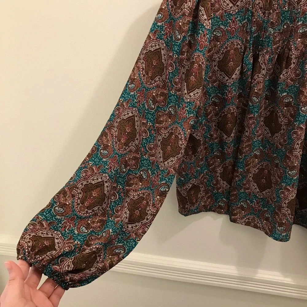NWT Joie Paisley Long Sleeve Blouse Small XS brown teal green pink Top - Picture 5 of 12